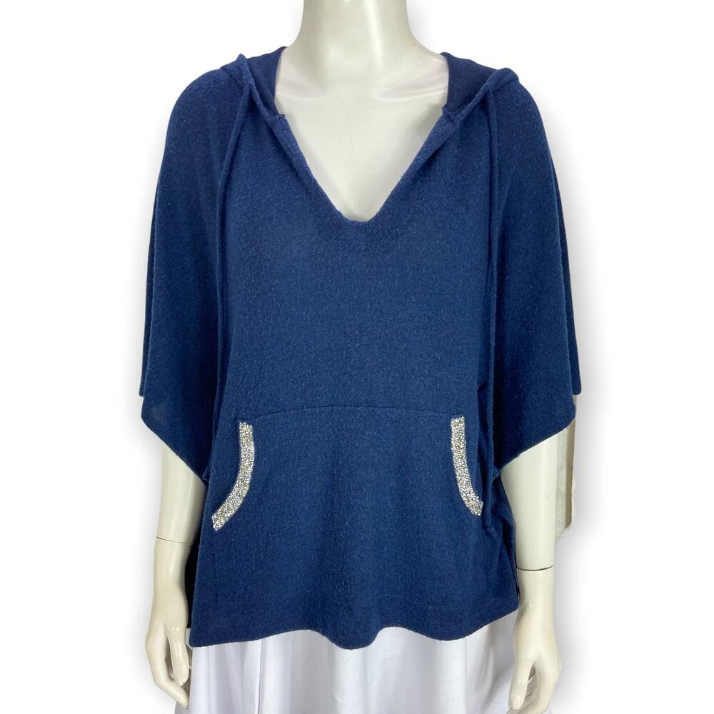 Juicy Couture Hoodie Top XS Rhinestone Pocket Fuzzy Knit Navy Blue
